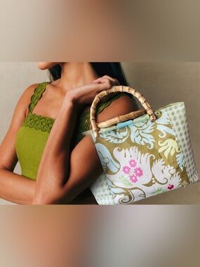 Whimsical Cape Cod Floral Print Tote w. Bamboo Handles in Green, Pink and Cream